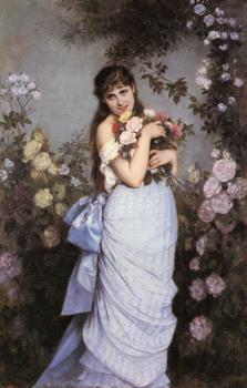 Auguste Toulmouche : A Young Woman in a Rose Garden